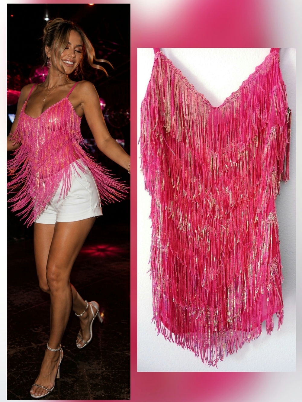 LUXXEL Pink Sequin Fringe Mini Dress DANCE Club PARTY Vegas TOP Women's Size M L
